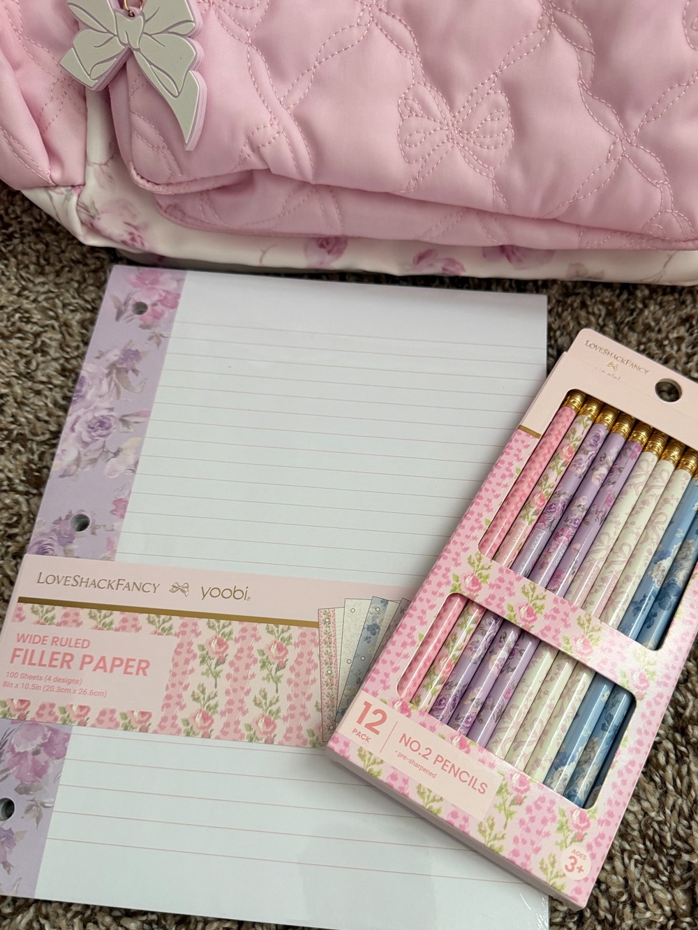 SALE‼️LoveShackFancy Yoobi Pink Quilted Bow-Accent Backpack paper and pencil - Picture 11 of 14